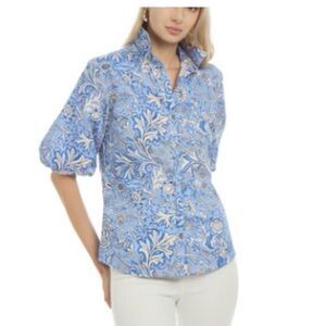 NWT! MSRP $239 PATTY KIM Blue Floral Button Down Shirt